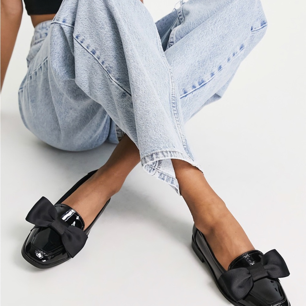 ASOS Black Patent Bow Loafers with Satin Bow